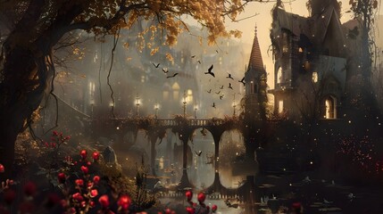 Obraz premium Enchanting Gothic Castle in Autumnal Forest Landscape