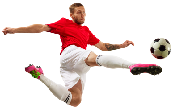 Young soccer soccer player looks confident practicing kicking ball in motion against transparent background. Football school. Concept of game, sport, recreation, active lifestyle. - Powered by Adobe