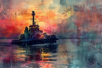whimsical effect of a tug boat in the river, sailing in front of the statue of liberty it is dawn the river is calm Textured painterly fantasy artistic Oil paint splashes intuitive