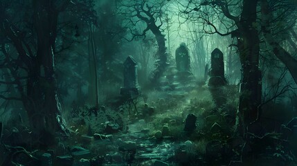 Enchanting Overgrown Forest with Mysterious Ruins and Ethereal Atmosphere
