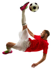 Banner. Professional soccer player looks confident in sportwear and boots kicking ball for goal in...
