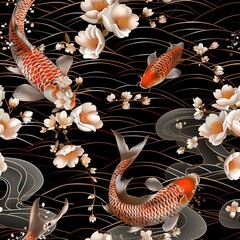Black background with red and orange koi fish and white and pink flowers.