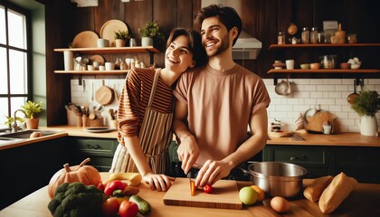 Young couple is cooking together in the kitchen. They are cutting vegetables and laughing.