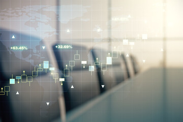 Abstract creative financial graph and world map on a modern coworking room background, financial and trading concept. Multiexposure