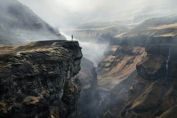 A person stands on a cliff overlooking a valley - Powered by Adobe