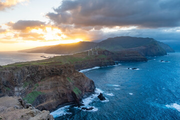 Sunset On Ponta de Sao Lourenco Madeira Portugal. Scenic mountain view of green landscape, cliffs and Atlantic Ocean. Travel background