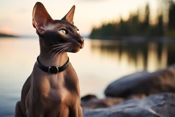 Portrait of a cute oriental shorthair cat isolated in serene lakeside view