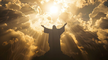 silhouette of jesus risen and ascended to heaven against a background of light coming out of a bright sky