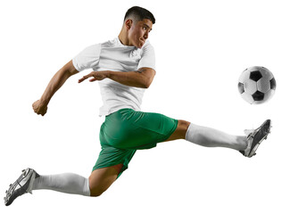 Dynamic portrait of young man, professional soccer player make perfect pass in mid-air against transparent background. Concept of professionals sport, competition, tournament, energy, action. Ad © Lustre Art Group 