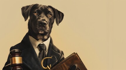 Canine Legal Professional with Briefcase and Gavel on Beige Background