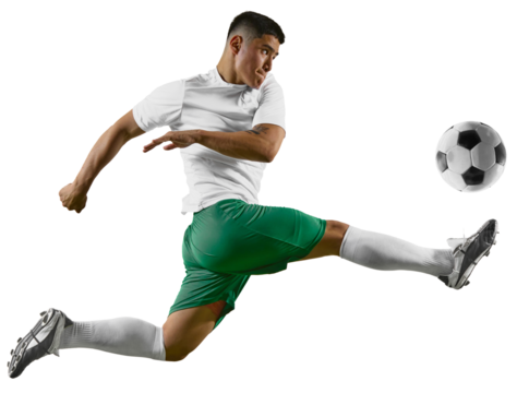 Dynamic portrait of young man, professional soccer player make perfect pass in mid-air against transparent background. Concept of professionals sport, competition, tournament, energy, action. Ad