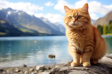 Obraz premium Portrait of a funny munchkin cat isolated on serene lakeside view
