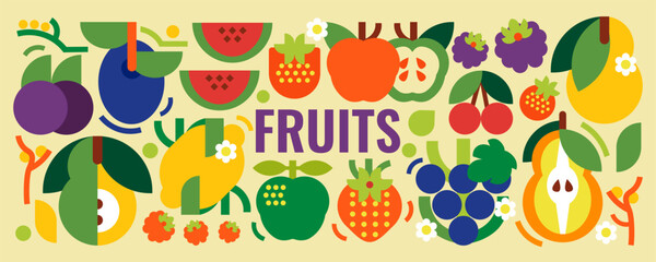 A collection of simple fruits. Vector illustration of food. Apples, pears, strawberries, plums, grapes, raspberries, cherries, watermelon, blackberries, lemons. Geometric design