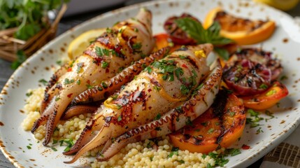 Grilled squid stuffed with a zesty herb and citrus filling, served with grilled vegetables and couscous, offering a flavorful and satisfying seafood meal