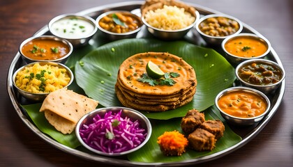 Typical healthy maharashtrian food platter or thali full of nutrients selective focus
