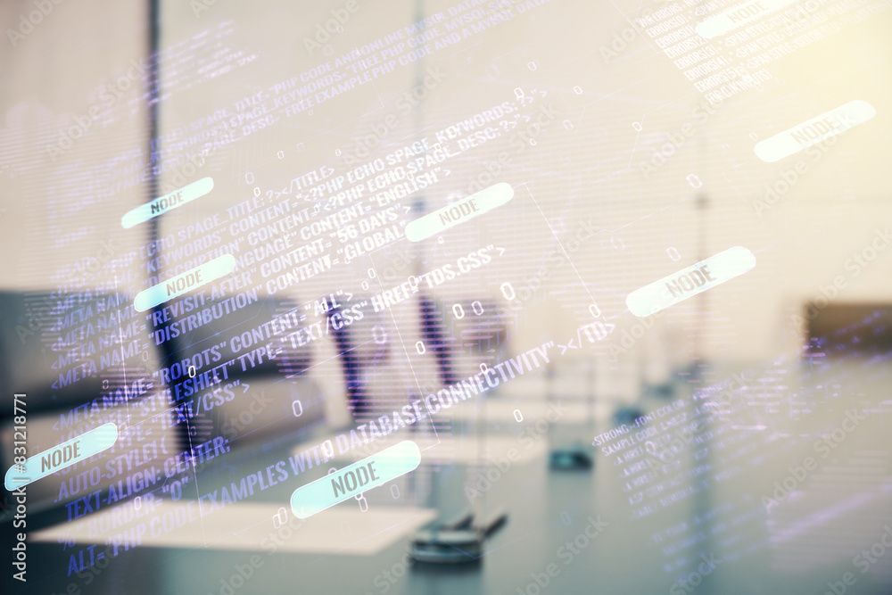Aufkleber double exposure of abstract creative programming illustration and world map on a modern boardroom ba