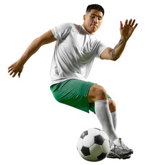 Young athletic man training dribbling technique in motion against transparent background. Concept...
