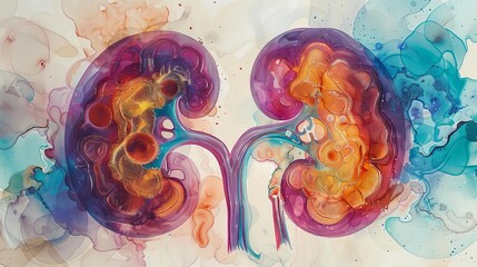 Artistic ultrasound of kidney with abstract patterns, surrealism, vibrant colors, watercolor effect, medical art