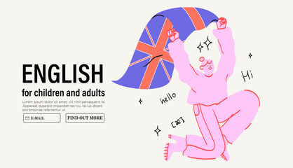 English class concept. Study foreign languages in school or university. Language courses, club, lesson, webinar trendy line hand drawn vector illustration for social media ads or posts, web, posters.