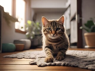 A cute cat walking indoors toward the camera