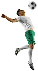 Side view of a soccer player jumping in mid-air prepares to kick with breast ball in motion against transparent background. Concept of professionals sport, competition, tournament, energy, action. Ad © Lustre Art Group 