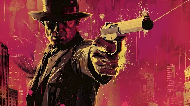 Gritty Noir Detective Aiming Gun in Moody Urban Cityscape - Powered by Adobe