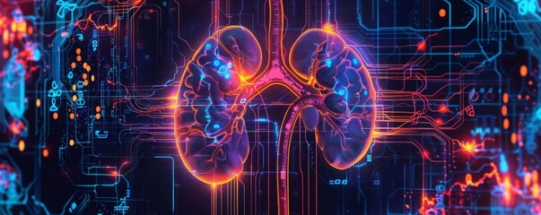 Obraz premium Neon glowing kidney ultrasound, cyberpunk, bright colors, digital illustration, futuristic medical technology