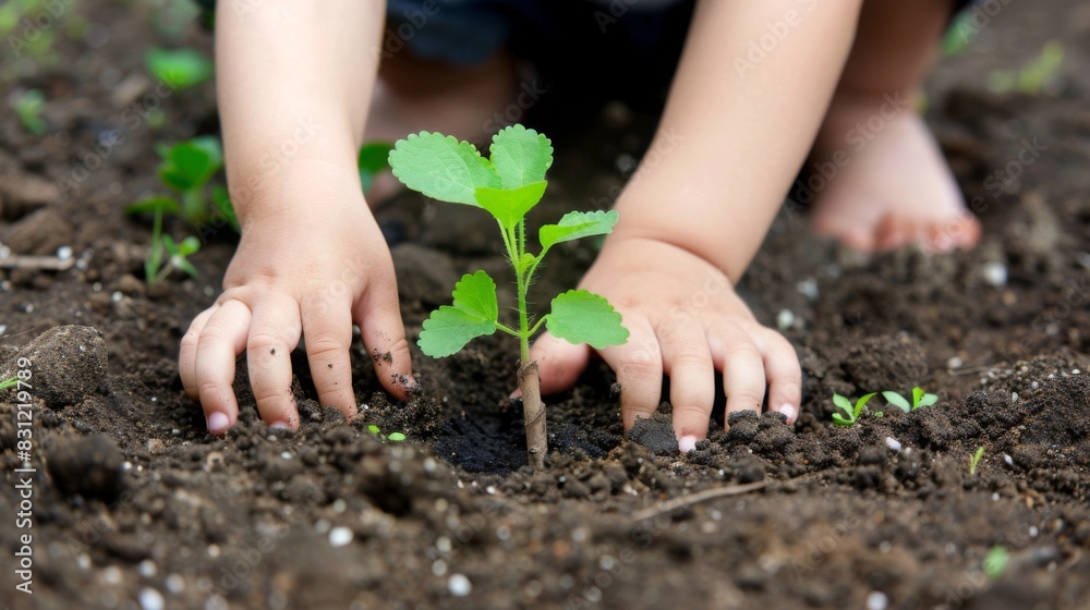 Poster hands of a child planting a tree sapling in a school garden, instilling a sense of environmental res