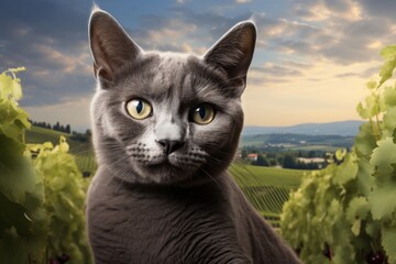 Portrait of a funny russian blue cat while standing against backdrop of rolling vineyards