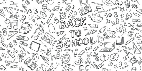 Hand drawn school supplies. Back to school doodle large set of elements. School object collection. vector illustration