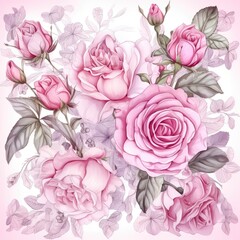 Scarf seamless pattern, pink rose, Provence style, for clothes, watercolor.