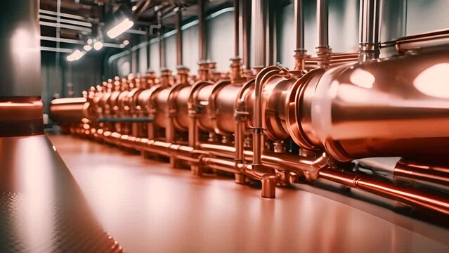 Row of Copper Pipes in Spacious Room Generative AI