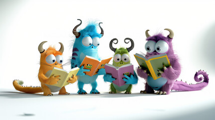 Furry monster reading a book, cute monster student. White Background. AI Generative