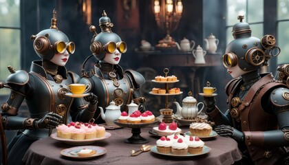 Three steampunk robots dressed in intricate gear, enjoying a sophisticated afternoon tea with cupcakes and pastries, set in a vintage-style room with warm lighting.. AI Generation