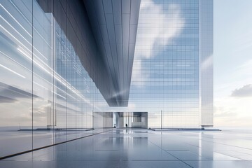 A large glass building with a clear sky in the background