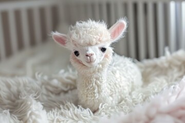 Obraz premium Cute newborn alpaca with curly fleece lying comfortably indoors
