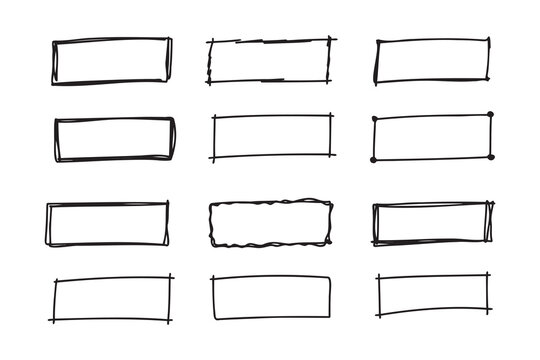 Hand drawn doodle vector rectangle frames. Grungy scribble rectangle frames. Doodle geometric borders. Pen ink empty black text boxes set. 