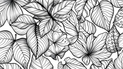 Elegant Monochrome Botanical Pattern with Intricate Tropical Foliage Designs