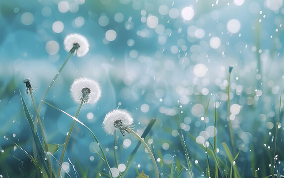 Dandelion seeds in water droplets on serene blue background with soft focus Symbolic imagery of bea