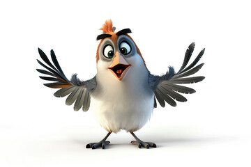 Excited surprised 3d cartoon sparrow on white background. Character for kids books