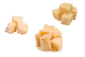 Cheese cubes isolated on a white background.