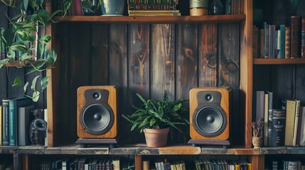 High-fidelity bookshelf speakers on a wooden shelf, surrounded by books and plants, blending high-quality sound with elegant home decor