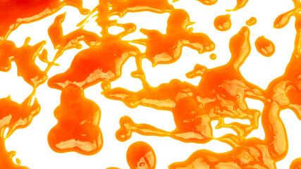 Orange sauce splashes isolated on white background. Top view.