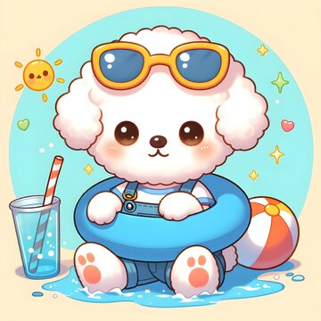 recommend clip art: AI generated illustration of White dog relaxing on sand beside pool float.