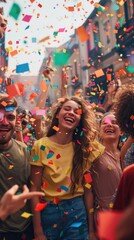 Crowd of individuals joyfully celebrating as confetti fills the air