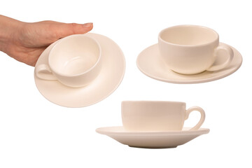 Female hand holding coffee cup and saucer isolated on white background.