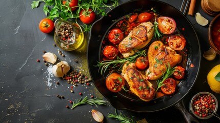 pan with a delicious chicken dish cooking, surrounded by fresh ingredients and spices, illustrating gourmet home cooking