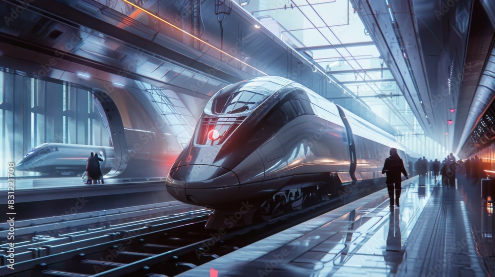 Poster high-speed train arriving at a futuristic station, with sleek architecture and passengers waiting, h