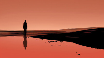  A solitary figure stands by water reflecting a red sunset creating a peaceful yet dramatic scene with a blend of warm tones and serene atmosphere