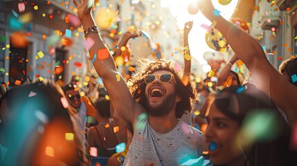 A group of people joyfully celebrating with confetti flying in the air